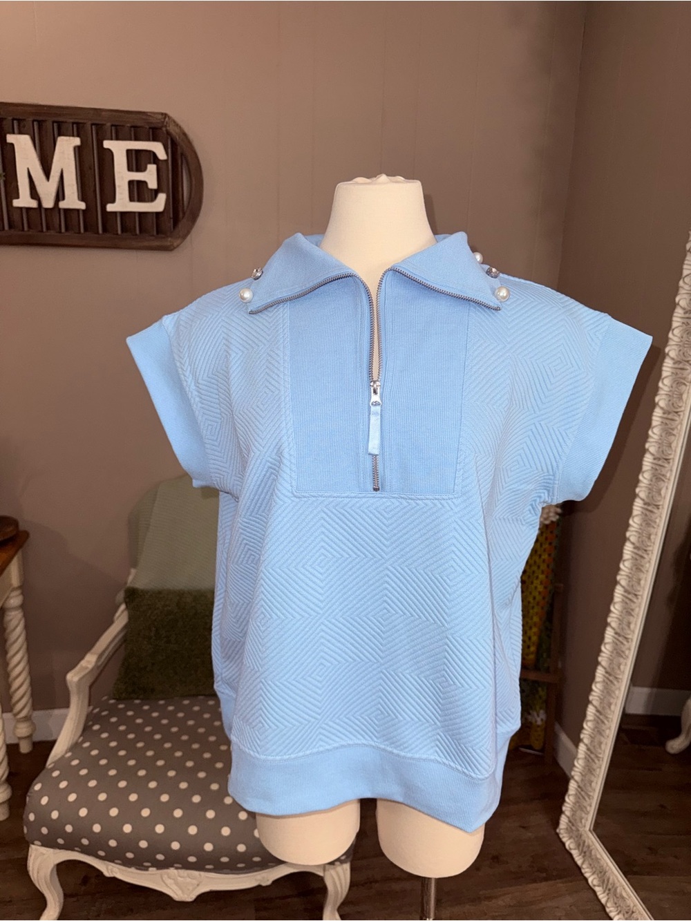 Simply Southern • Quilted 1/4 Zip Rhinestone Pearl Embellished Top